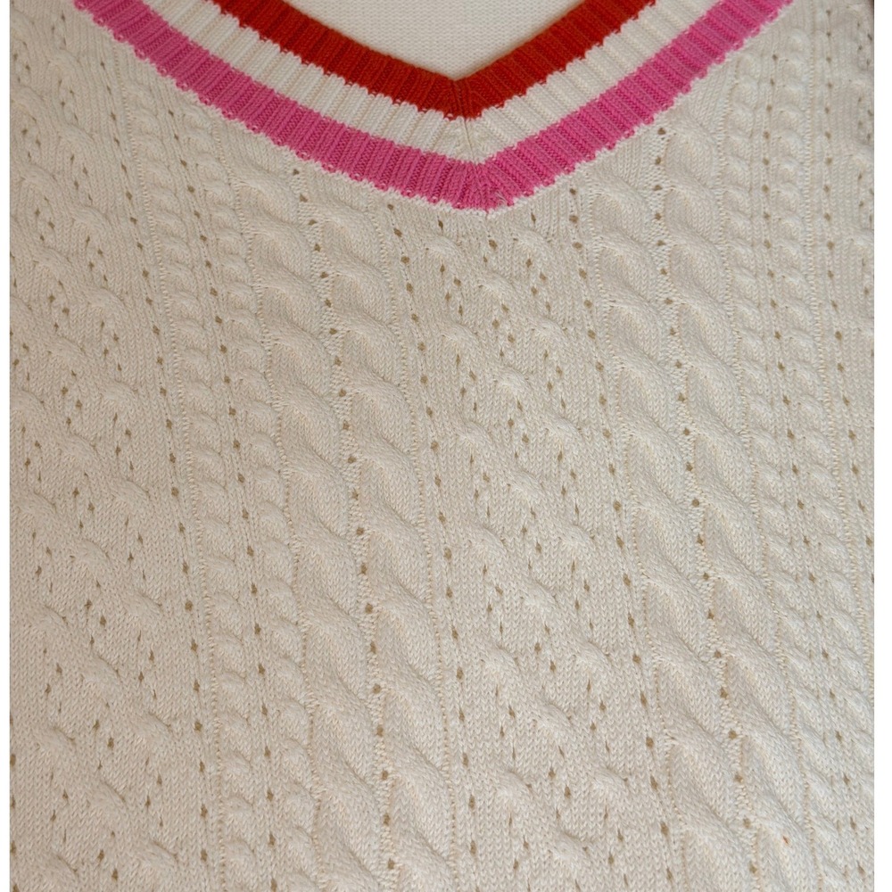 Talbots V-Neck Sweater Womens M Ivory Excellent Pink Orange Trim Cable Knit - Picture 7 of 8